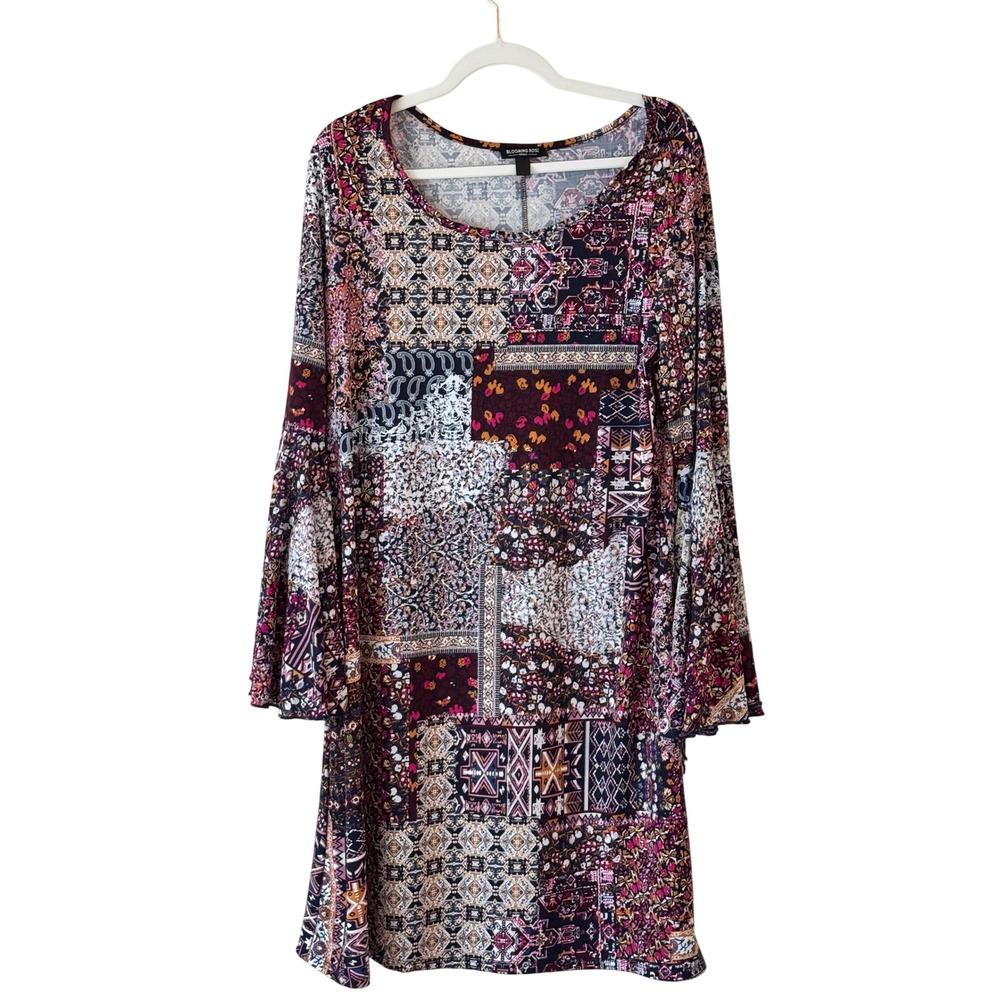 Blooming Rose Bell Sleeve Patchwork Print Tunic Dress Scoop Neck Boho Hippie XL
